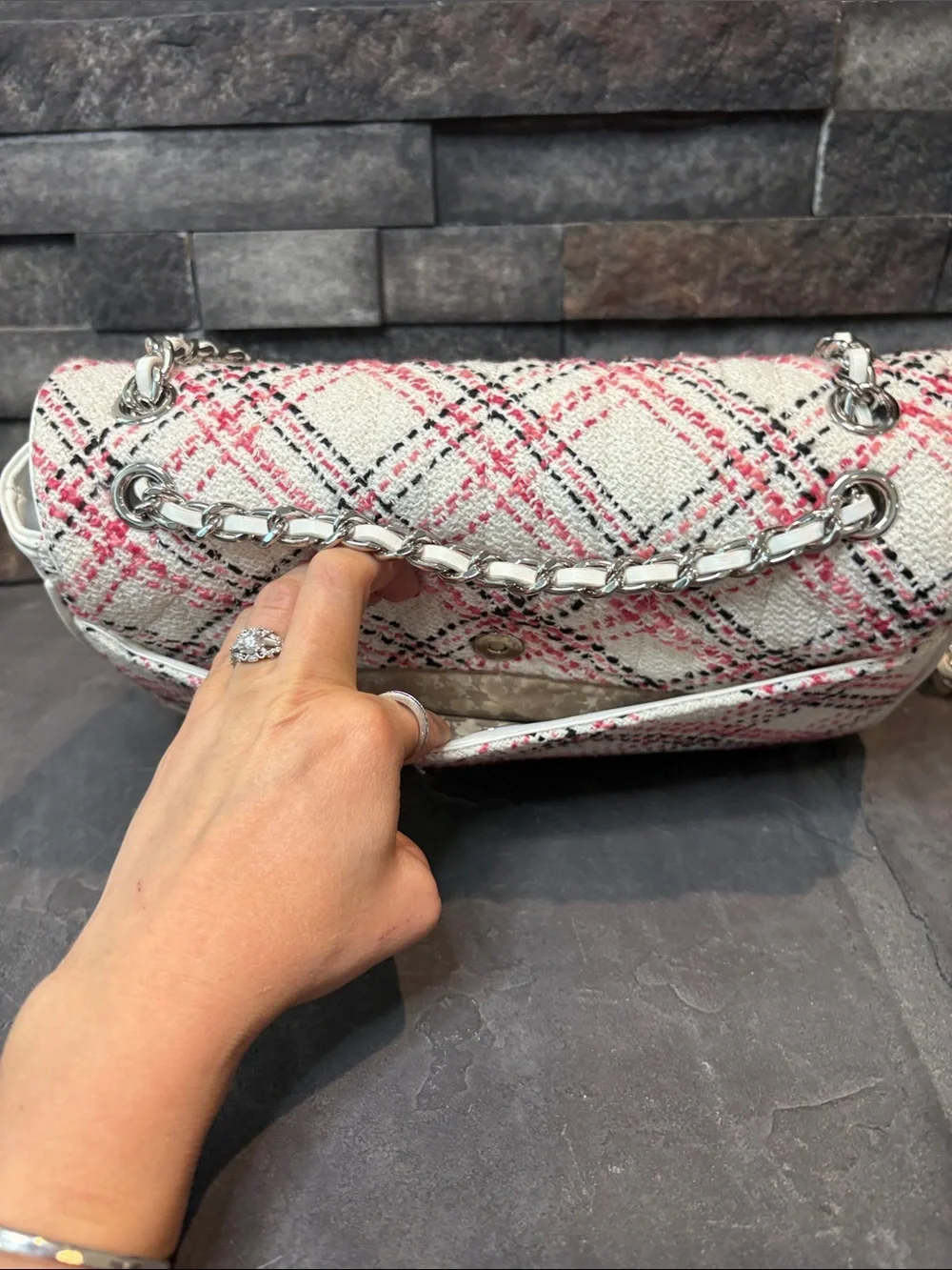 Karl Lagerfeld Tweed Shoulder Bag with Pink Plaid